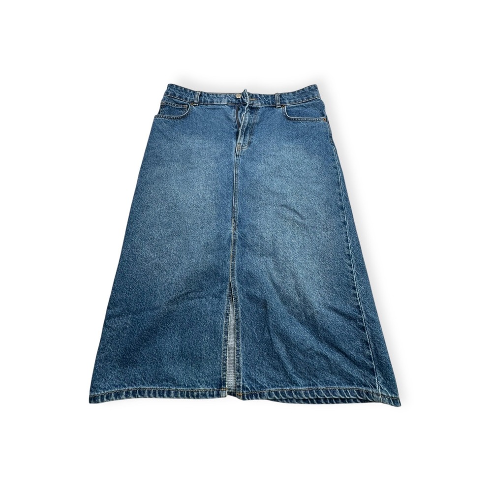 HM Womens Denim Midi Skirt Medium Wash Front Slit High Waisted Blue‎ Size 10